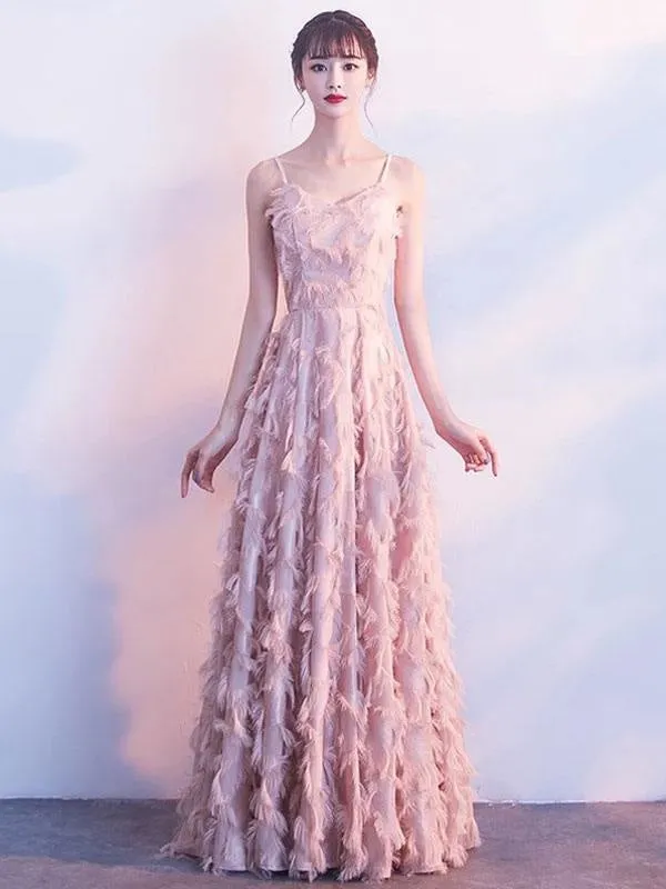 Prom Dresses Blush Pink Long Halter Feathers Sleeveless Floor Length Graduation Dress Wedding Guest Dress