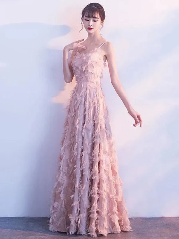 Prom Dresses Blush Pink Long Halter Feathers Sleeveless Floor Length Graduation Dress Wedding Guest Dress