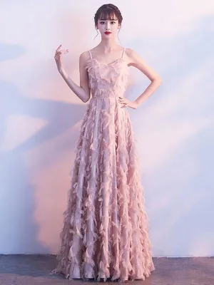 Prom Dresses Blush Pink Long Halter Feathers Sleeveless Floor Length Graduation Dress Wedding Guest Dress
