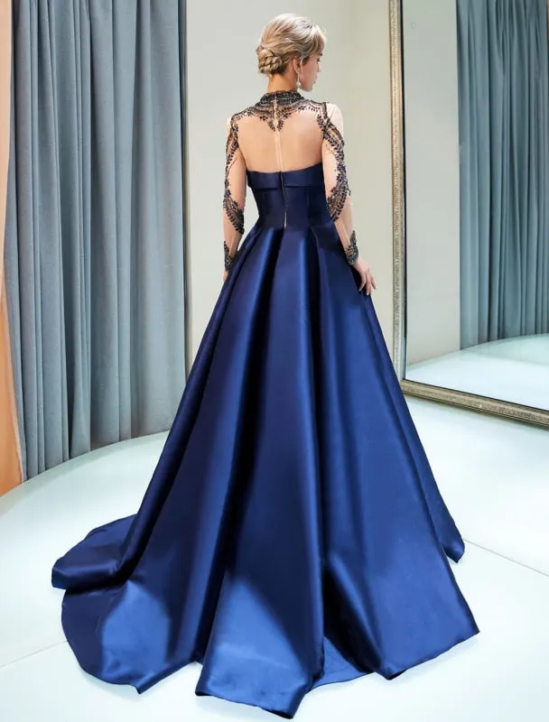 Prom Dresses Luxury Dark Navy Satin A Line Long Sleeve Lace Illusion High Collar Quinceanera Dress