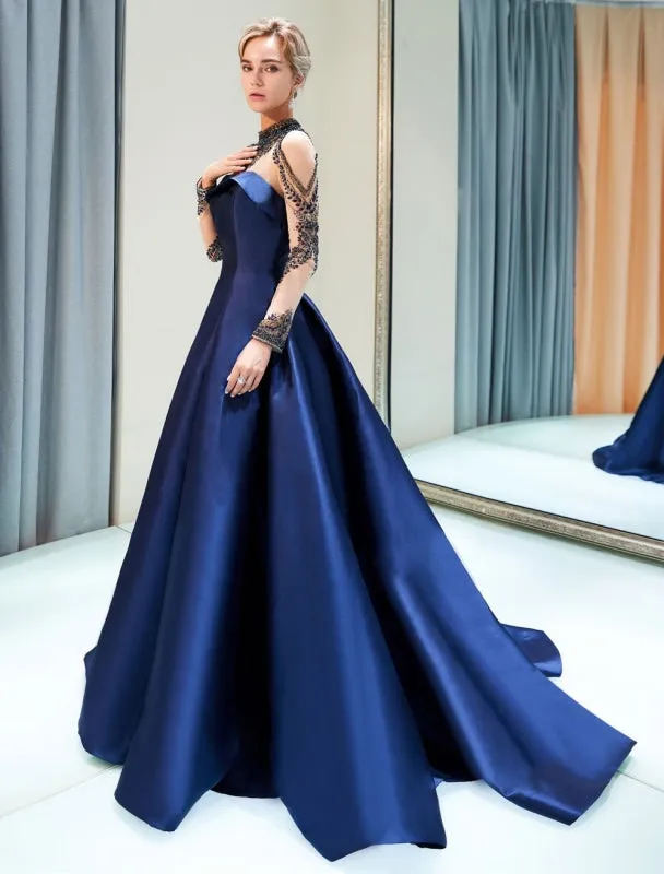 Prom Dresses Luxury Dark Navy Satin A Line Long Sleeve Lace Illusion High Collar Quinceanera Dress