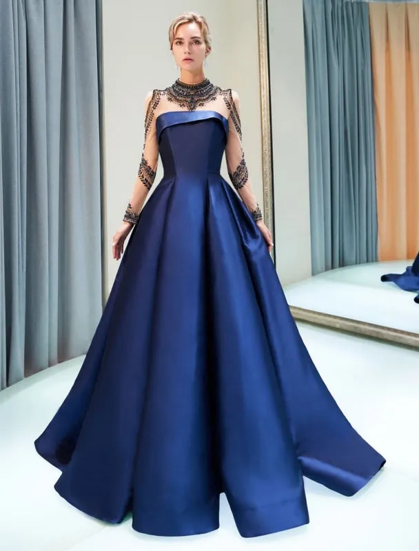 Prom Dresses Luxury Dark Navy Satin A Line Long Sleeve Lace Illusion High Collar Quinceanera Dress