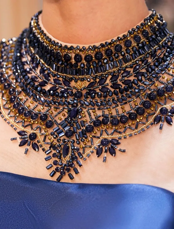 Prom Dresses Luxury Dark Navy Satin A Line Long Sleeve Lace Illusion High Collar Quinceanera Dress