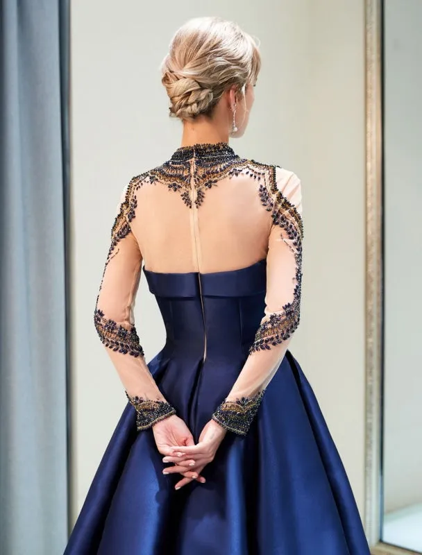 Prom Dresses Luxury Dark Navy Satin A Line Long Sleeve Lace Illusion High Collar Quinceanera Dress
