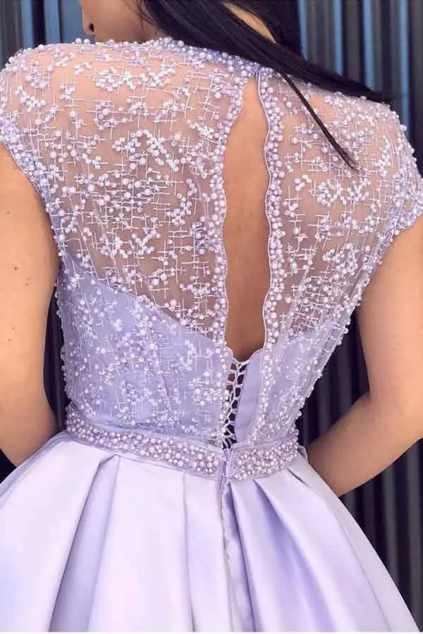 Purple A-line Short Sleeves Beaded Long Prom Dresses With Side Split, SP893