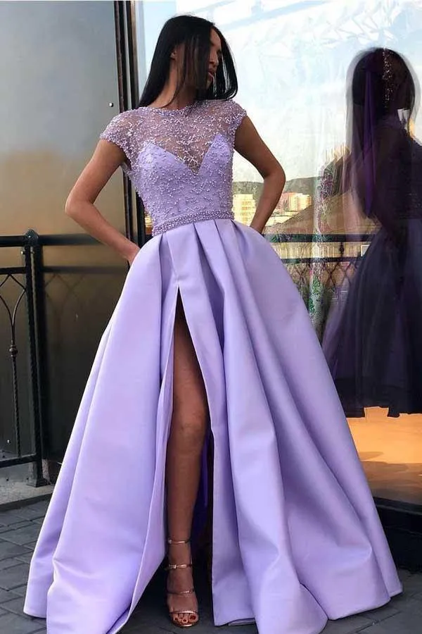 Purple A-line Short Sleeves Beaded Long Prom Dresses With Side Split, SP893