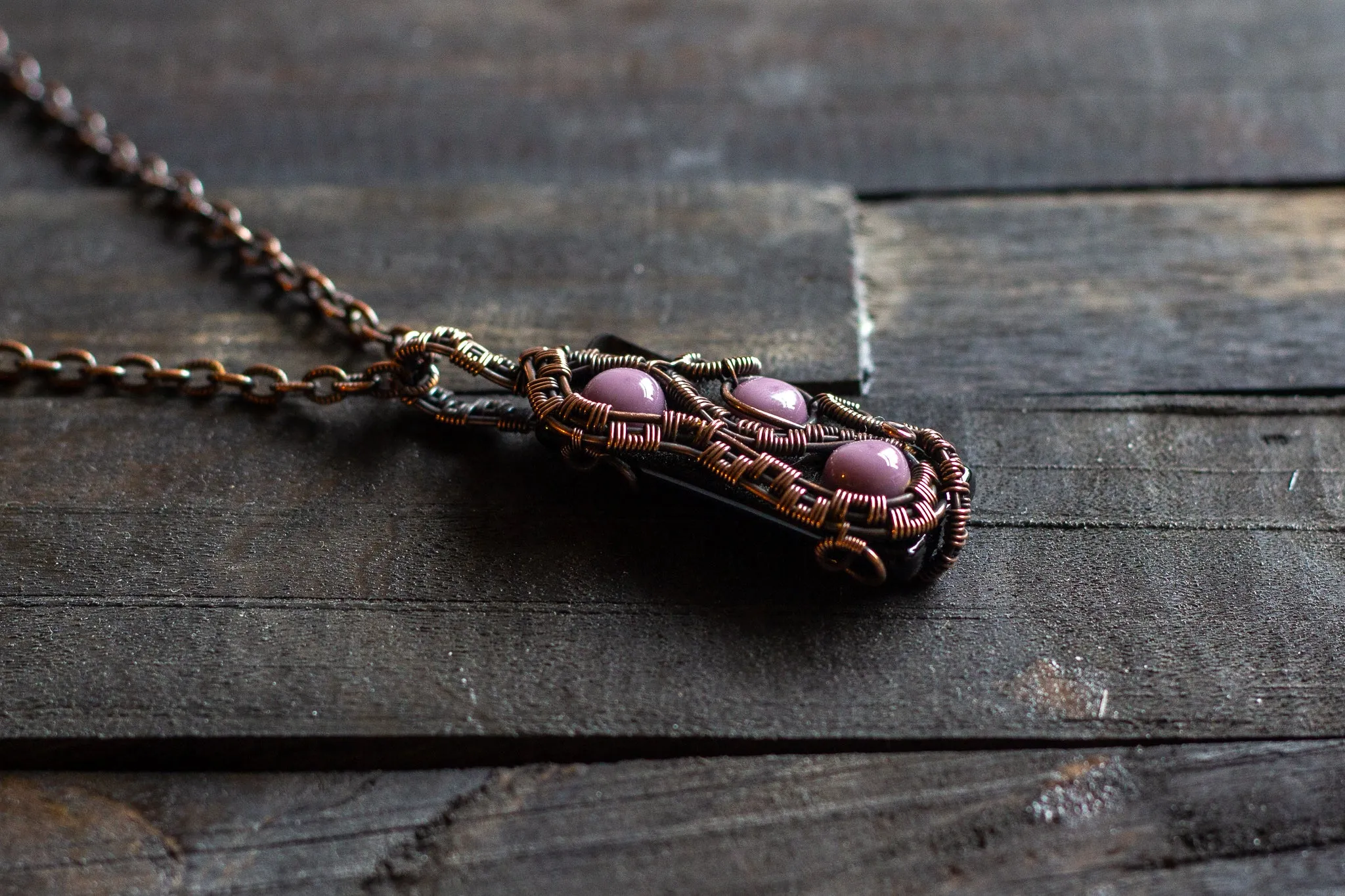Purple and Black Glass Pendant with Copper Wire Wrapping