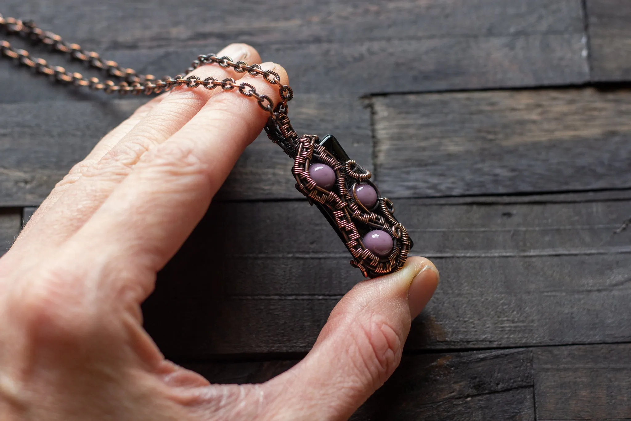 Purple and Black Glass Pendant with Copper Wire Wrapping