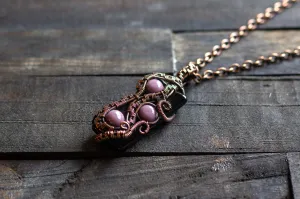 Purple and Black Glass Pendant with Copper Wire Wrapping