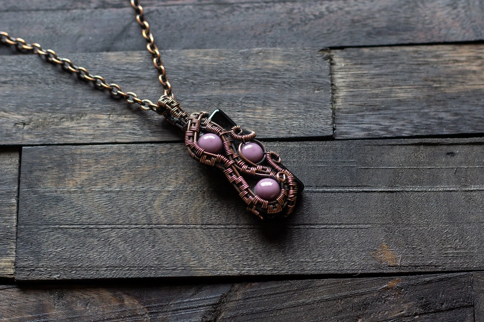 Purple and Black Glass Pendant with Copper Wire Wrapping