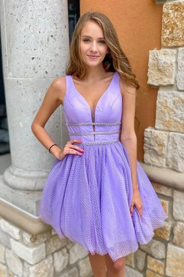 Purple Tulle A-line Short Homecoming Dresses With Belt, Graduation Dress, MH550