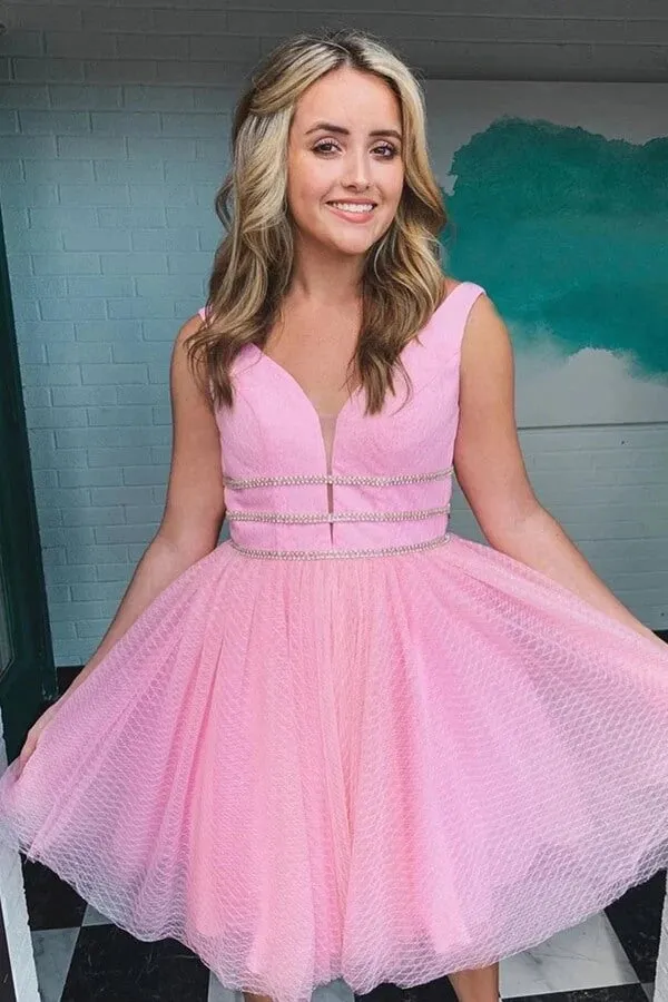 Purple Tulle A-line Short Homecoming Dresses With Belt, Graduation Dress, MH550