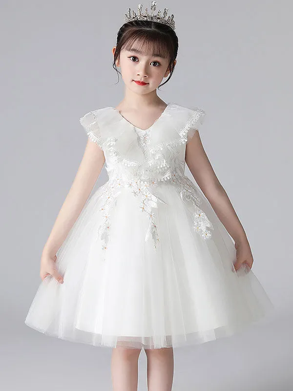 Purple V-Neck Sleeveless Tulle Lace Kids Party Dresses