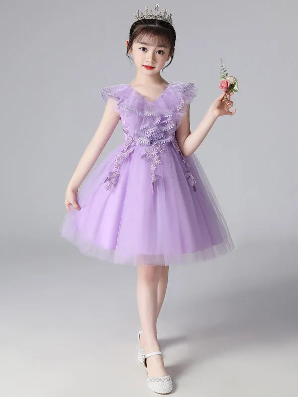 Purple V-Neck Sleeveless Tulle Lace Kids Party Dresses
