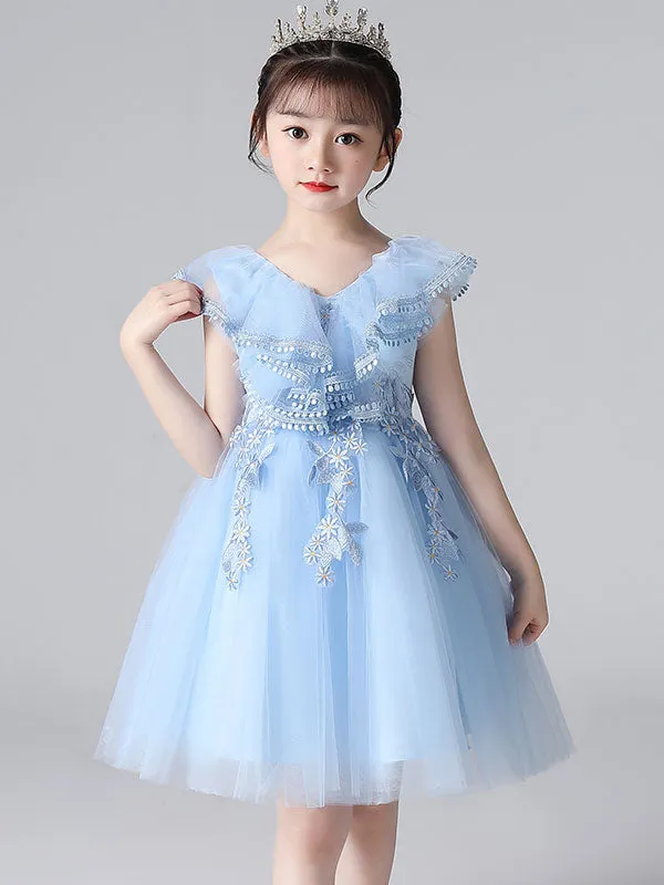 Purple V-Neck Sleeveless Tulle Lace Kids Party Dresses
