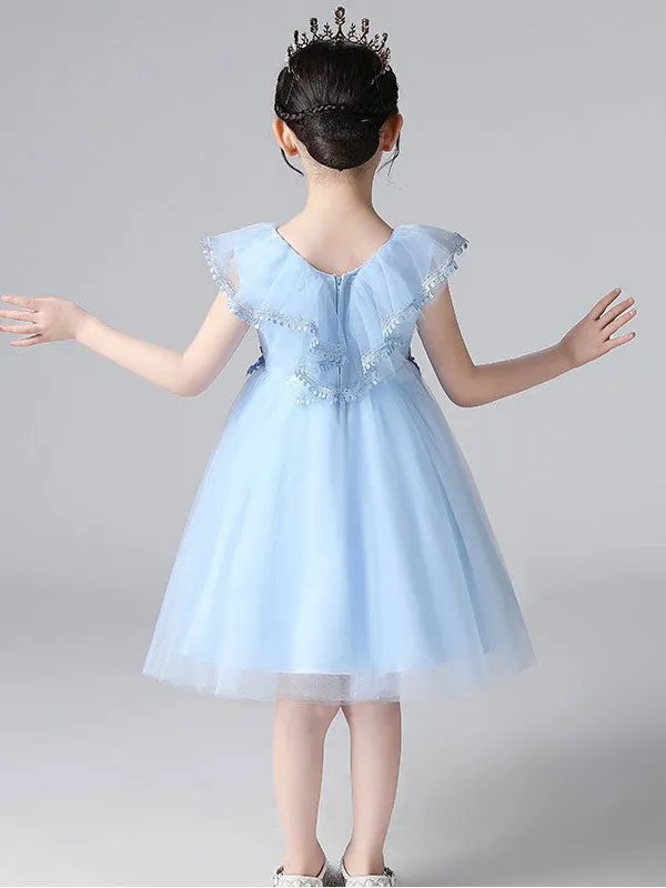 Purple V-Neck Sleeveless Tulle Lace Kids Party Dresses