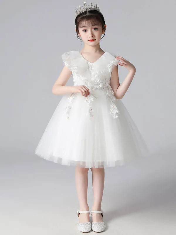 Purple V-Neck Sleeveless Tulle Lace Kids Party Dresses
