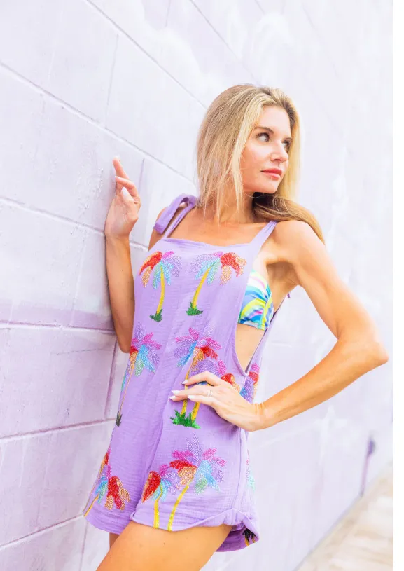 Queen of Sparkles Purple Gauze Palm Tree Tie Romper