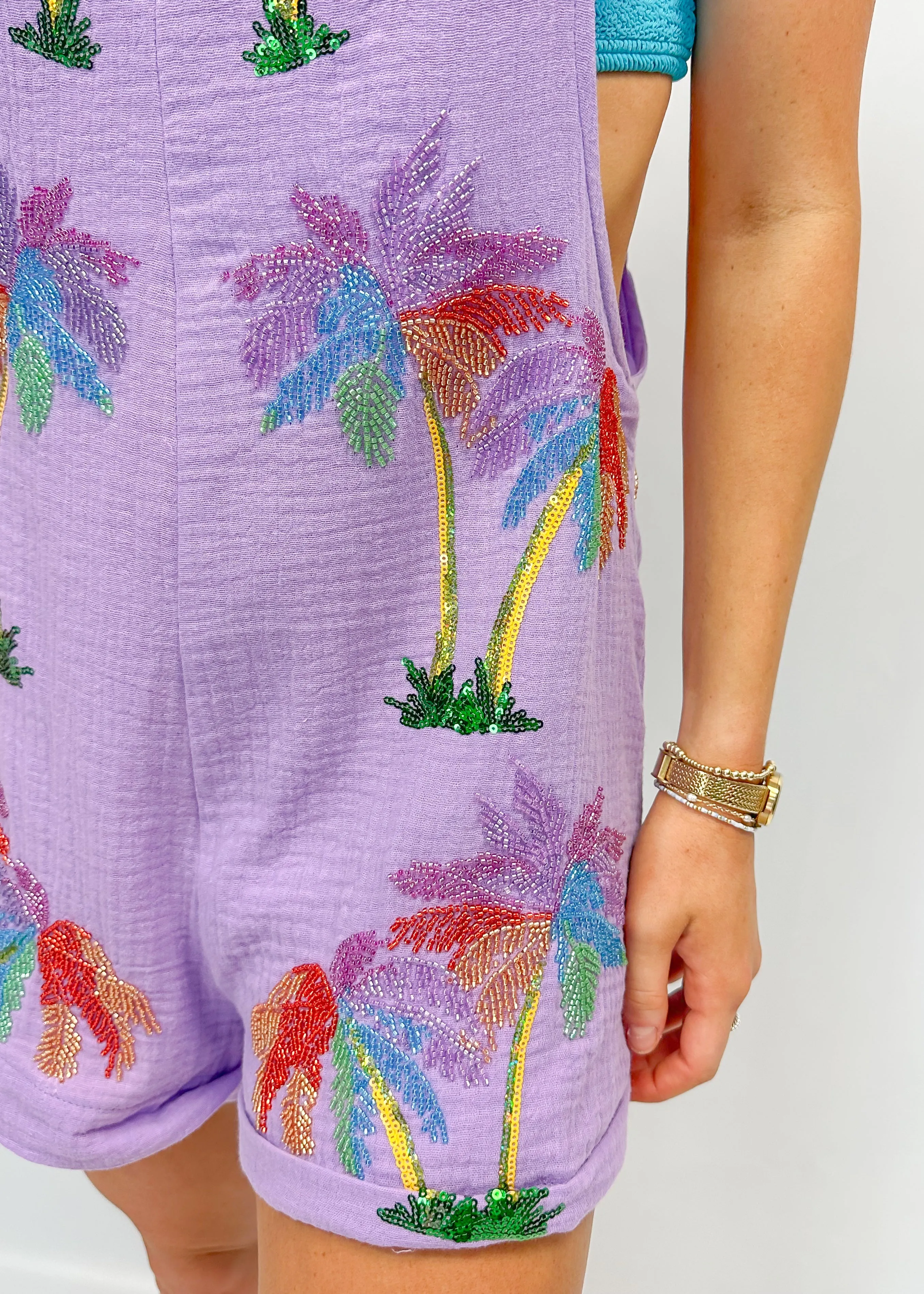 Queen of Sparkles Purple Gauze Palm Tree Tie Romper