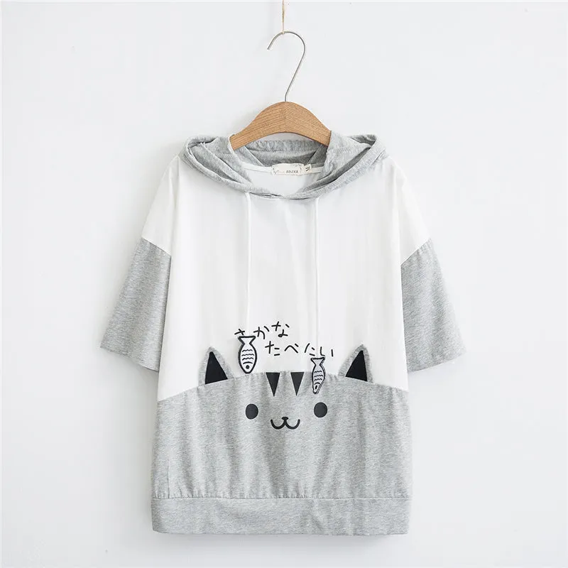 "CUTE CARTOON CAT SHORT SLEEVE" HOODIE N050702