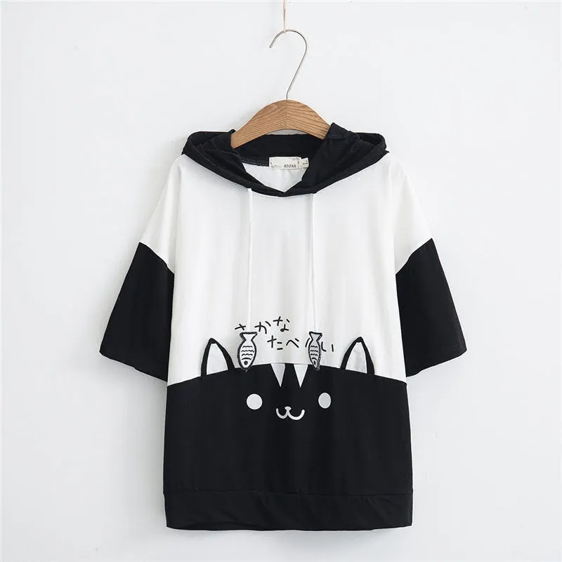 "CUTE CARTOON CAT SHORT SLEEVE" HOODIE N050702