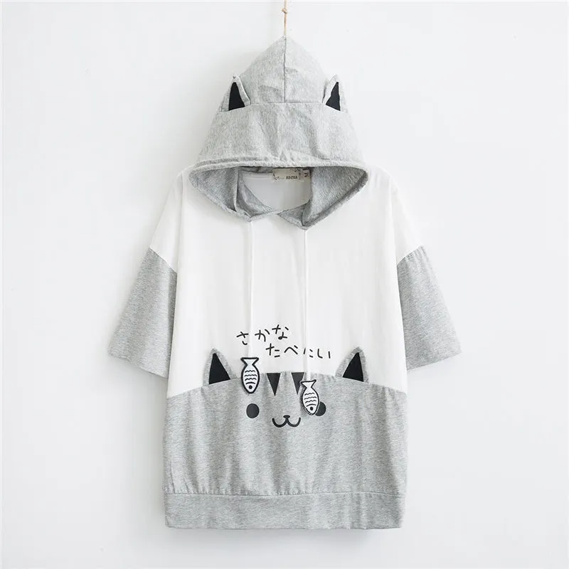 "CUTE CARTOON CAT SHORT SLEEVE" HOODIE N050702