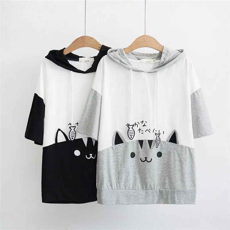"CUTE CARTOON CAT SHORT SLEEVE" HOODIE N050702