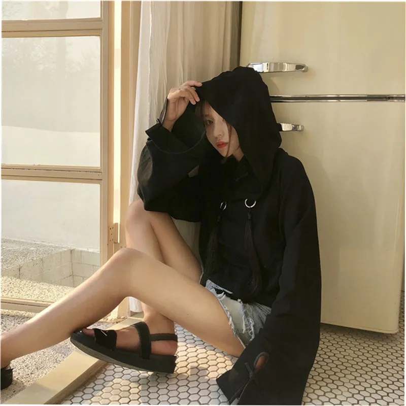 "DARK BLACK TASSEL CLOAK SHORT" HOODIE K102705