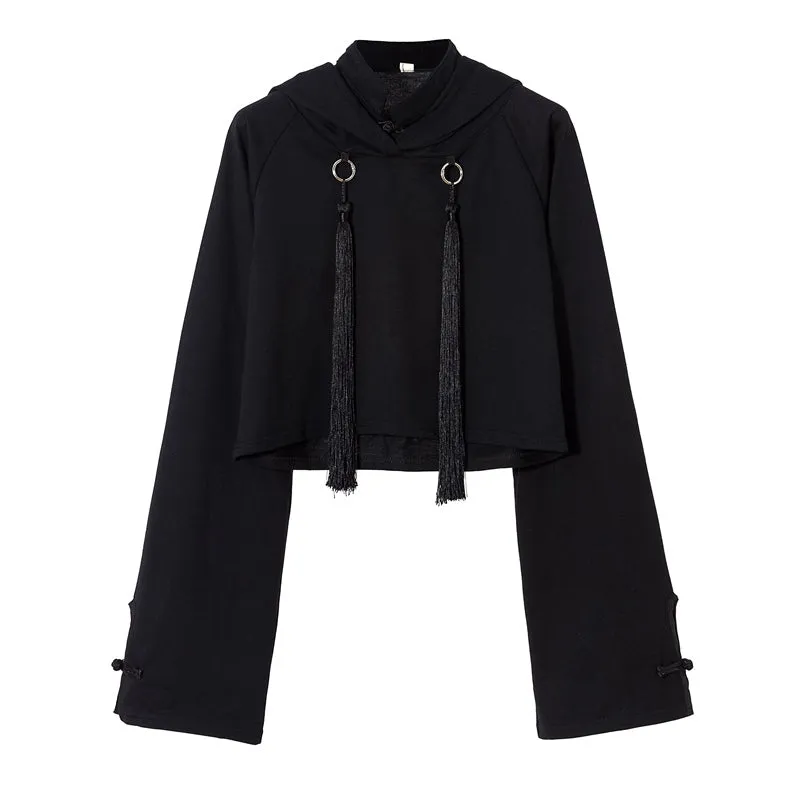 "DARK BLACK TASSEL CLOAK SHORT" HOODIE K102705