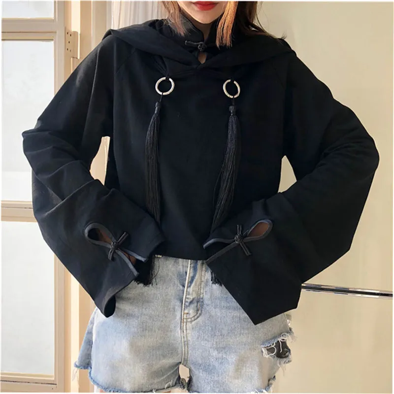 "DARK BLACK TASSEL CLOAK SHORT" HOODIE K102705