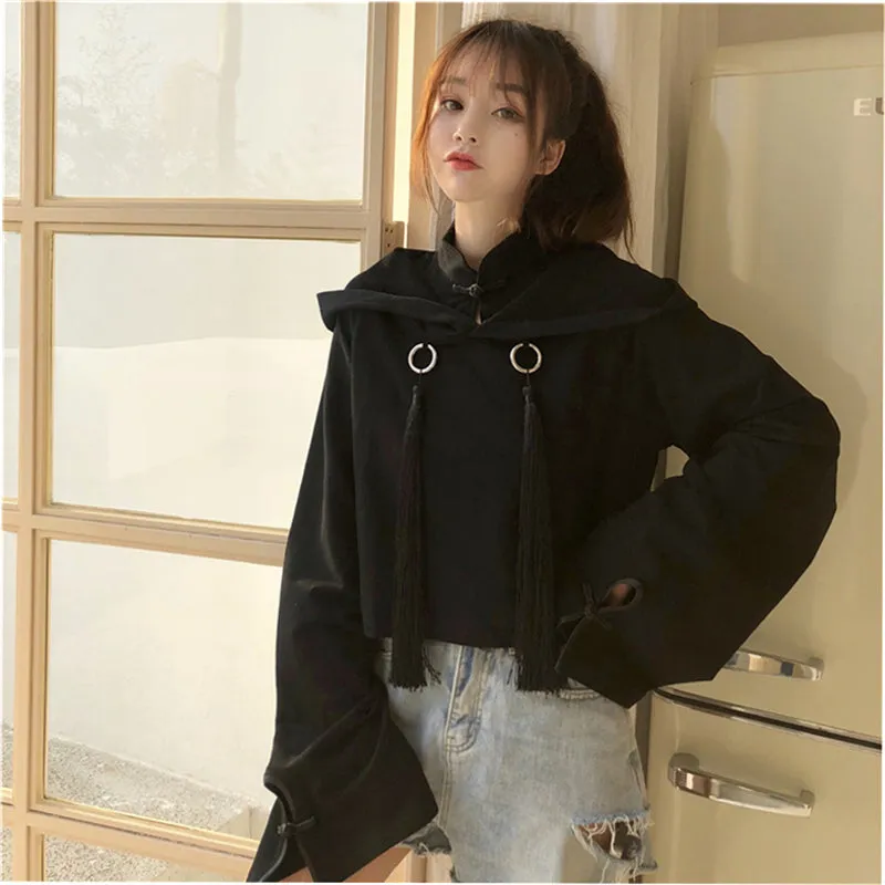 "DARK BLACK TASSEL CLOAK SHORT" HOODIE K102705