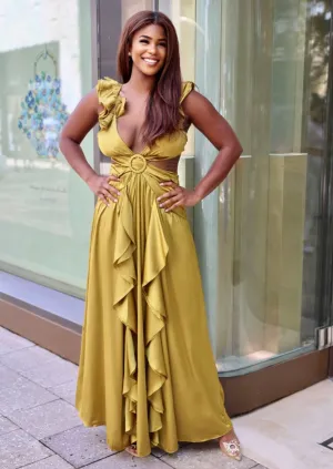 "SANTORINI" GREEN OLIVE CUT OUT SATIN MAXI DRESS