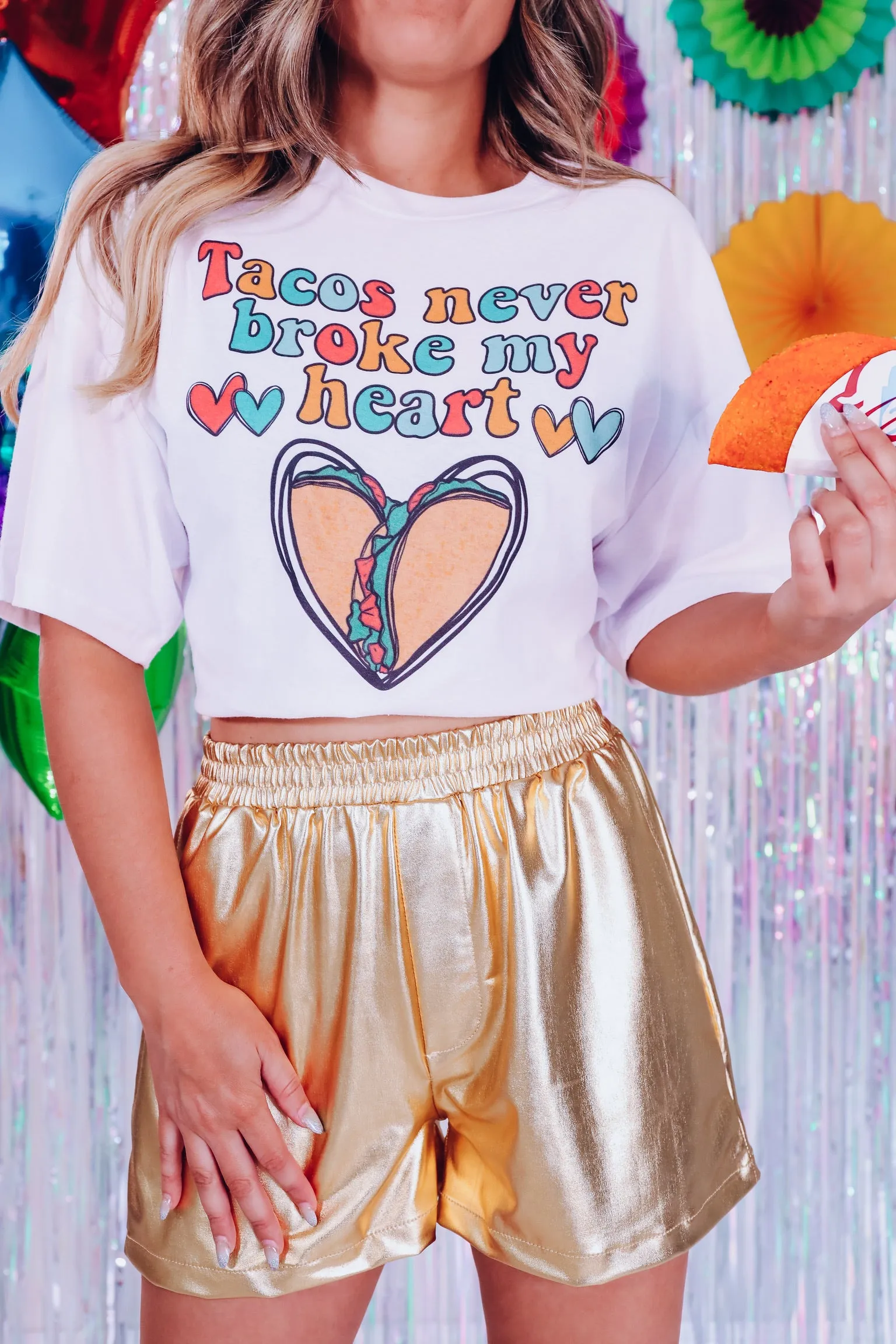 "Tacos Never Broke My Heart" Cropped Graphic Tee - White