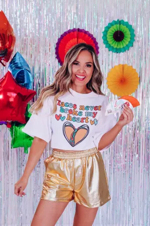 "Tacos Never Broke My Heart" Cropped Graphic Tee - White