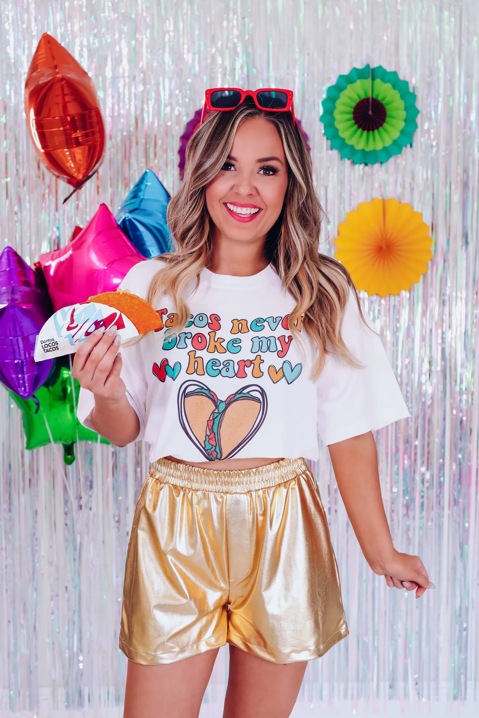 "Tacos Never Broke My Heart" Cropped Graphic Tee - White