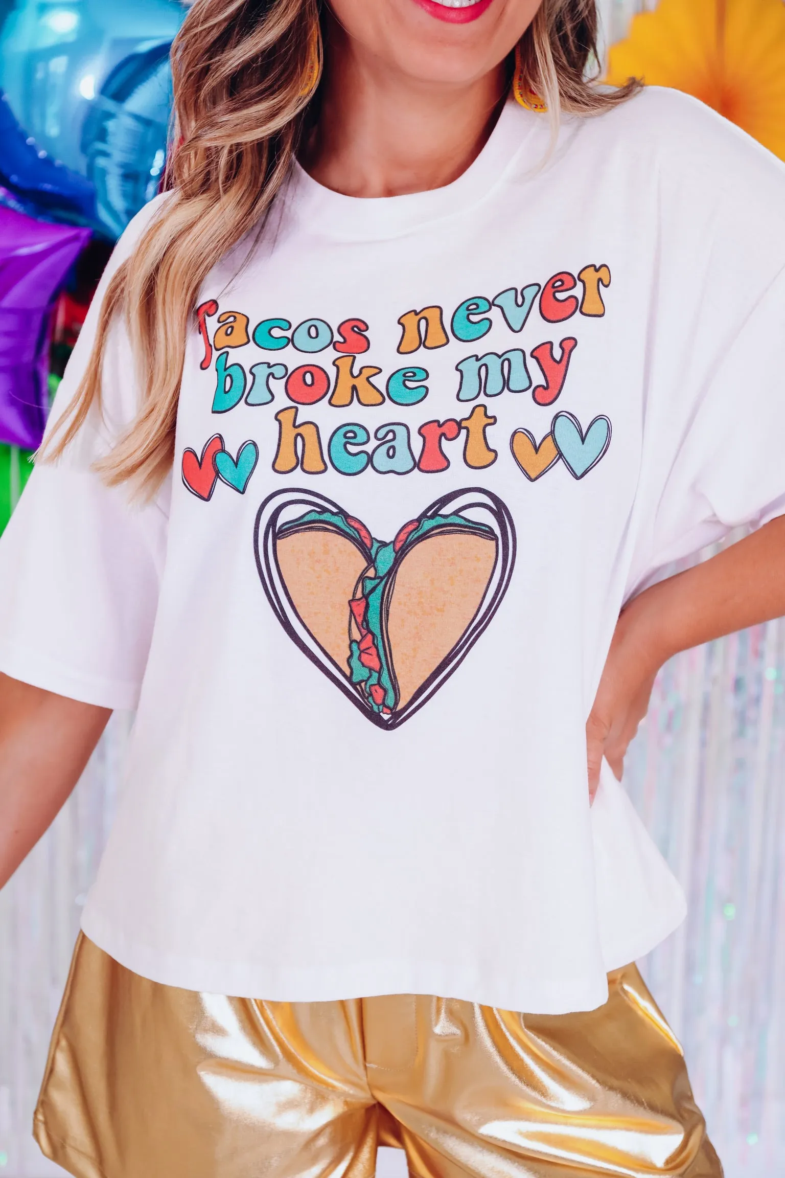 "Tacos Never Broke My Heart" Cropped Graphic Tee - White