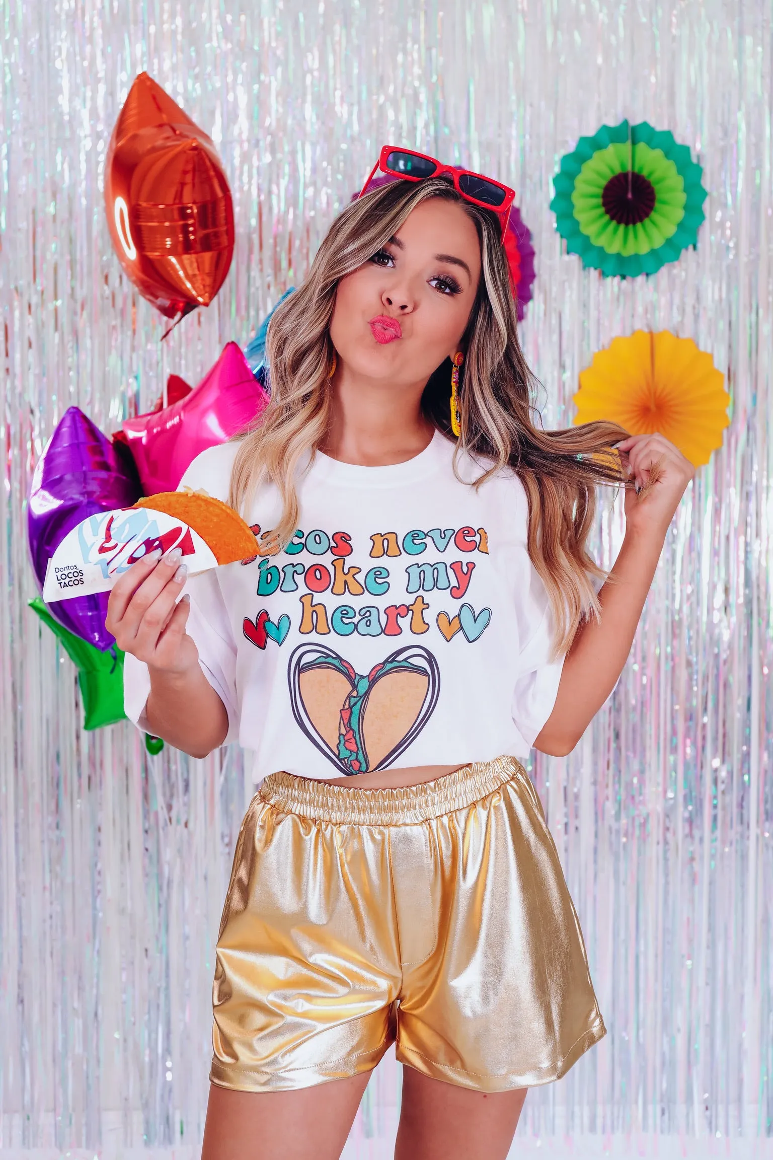 "Tacos Never Broke My Heart" Cropped Graphic Tee - White