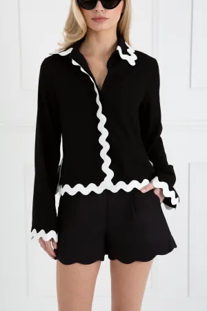 "The Olivia" - Linen Shirt Wave Trim (Black)