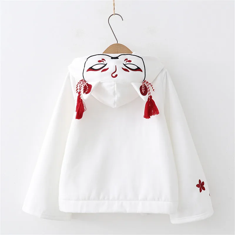 "WHITE/BLACK CUTE HARAJUKU FOX MASK FLEECES" HOODIE K092108