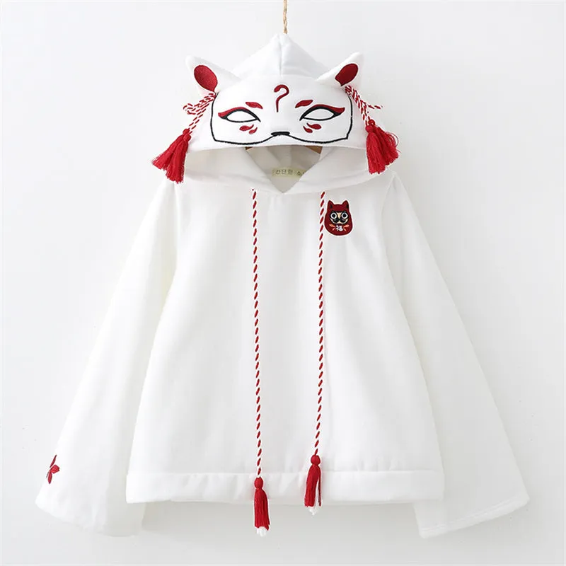 "WHITE/BLACK CUTE HARAJUKU FOX MASK FLEECES" HOODIE K092108