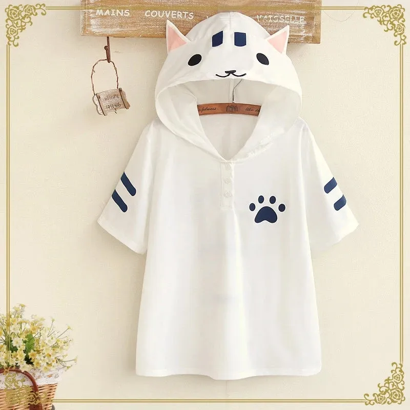 "WHITE/GRAY CUTE CAT SHORT SLEEVE" HOODIE D042505