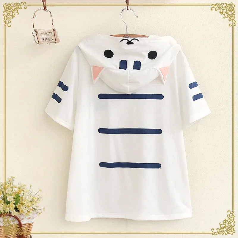 "WHITE/GRAY CUTE CAT SHORT SLEEVE" HOODIE D042505