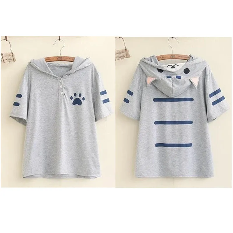 "WHITE/GRAY CUTE CAT SHORT SLEEVE" HOODIE D042505