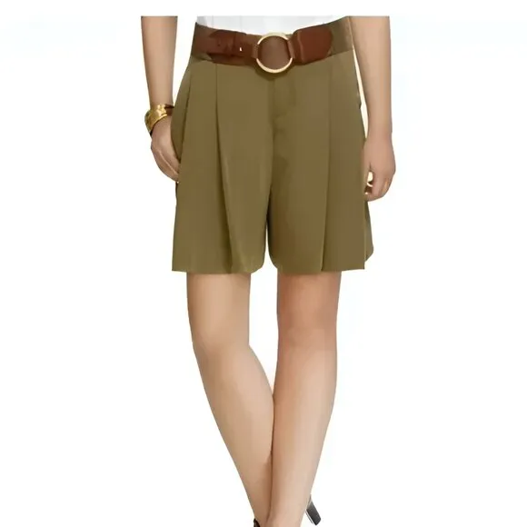 Ralph Lauren Olive Army Green A-Line Flowy Pleated Front Dress Shorts 10 12 L