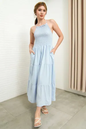 RAMONA Smocked Halter Criss-cross Back Dress (Powder Blue)