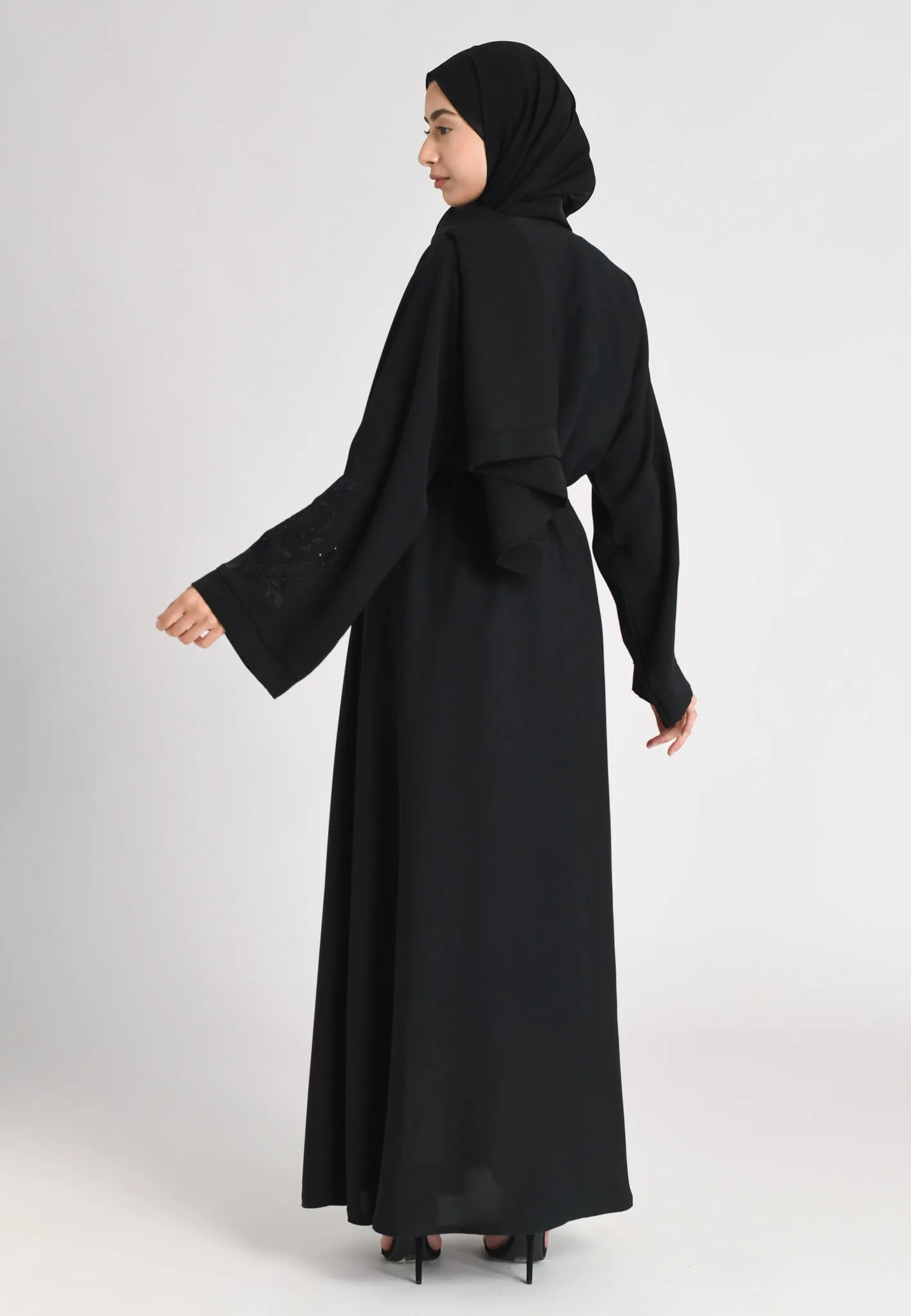 Raven A-Line Black on Black Embroidered Open Abaya