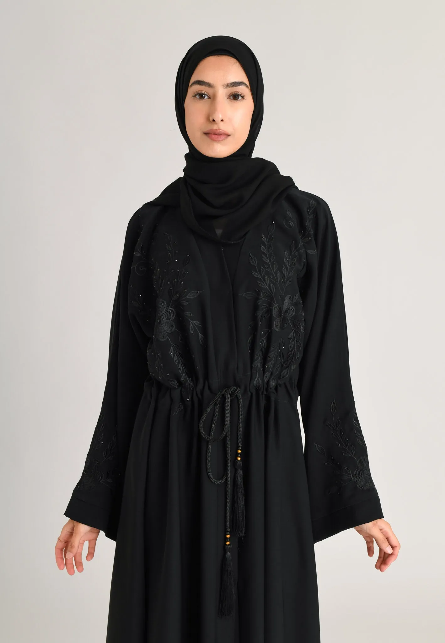 Raven A-Line Black on Black Embroidered Open Abaya