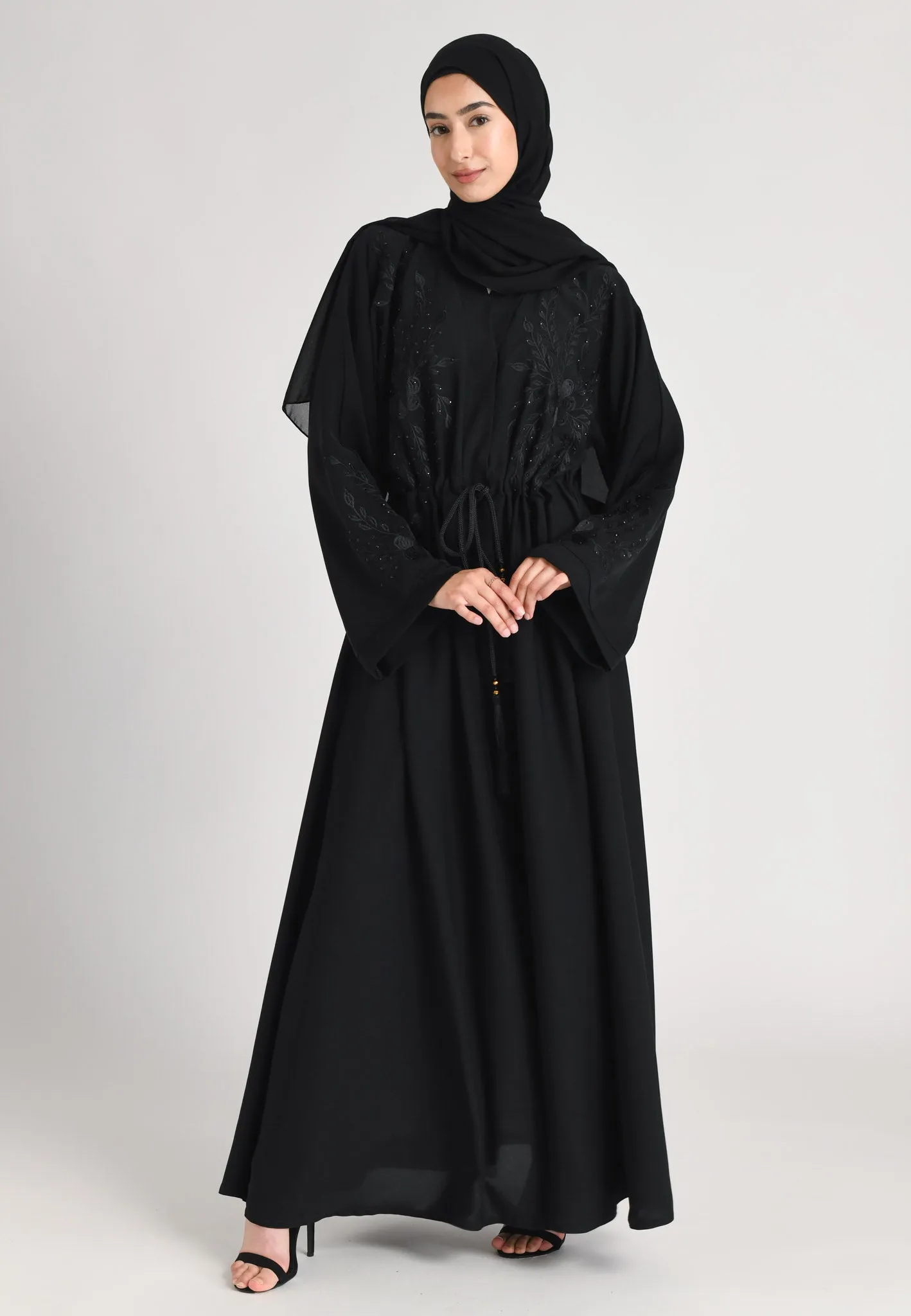 Raven A-Line Black on Black Embroidered Open Abaya