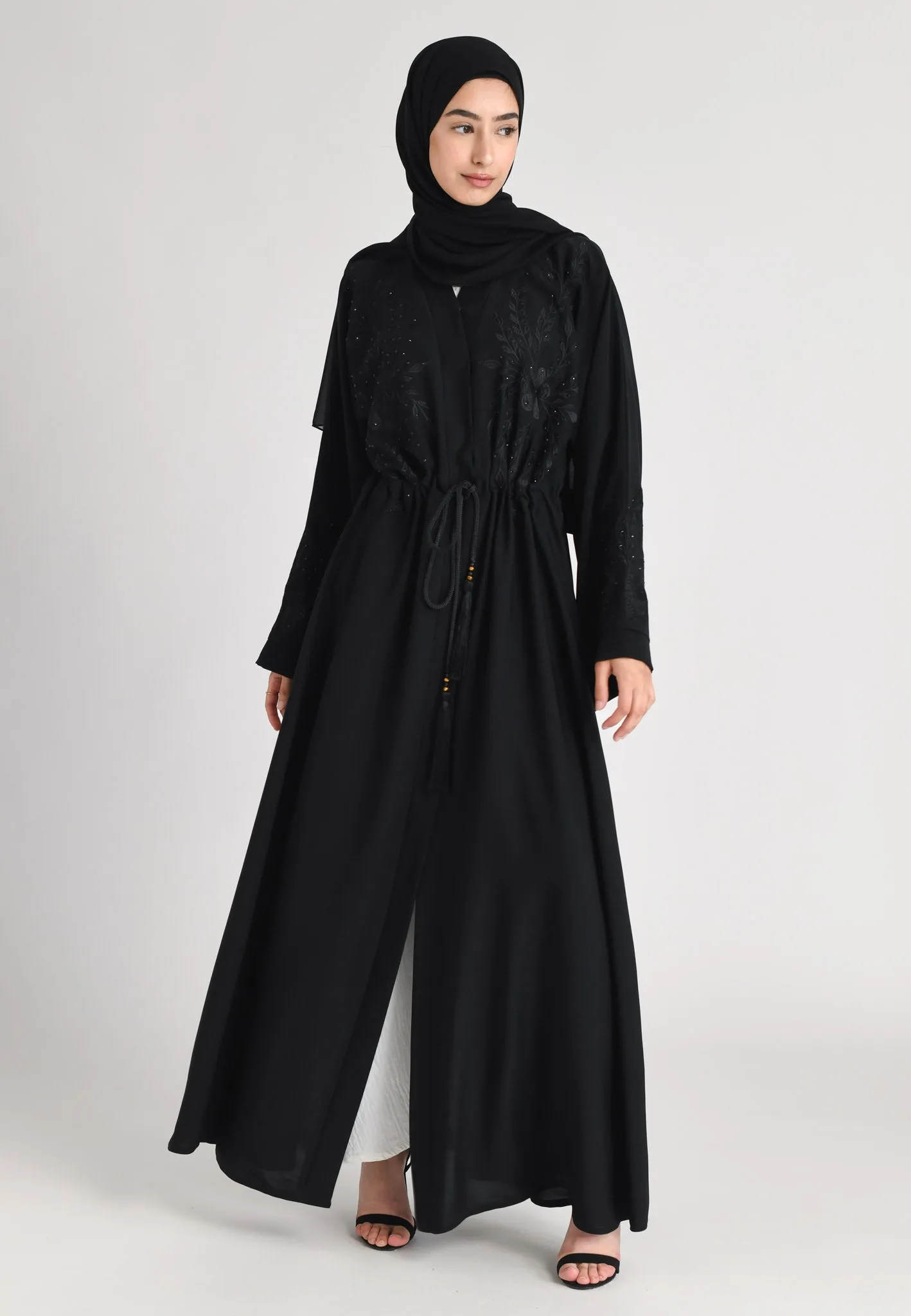 Raven A-Line Black on Black Embroidered Open Abaya
