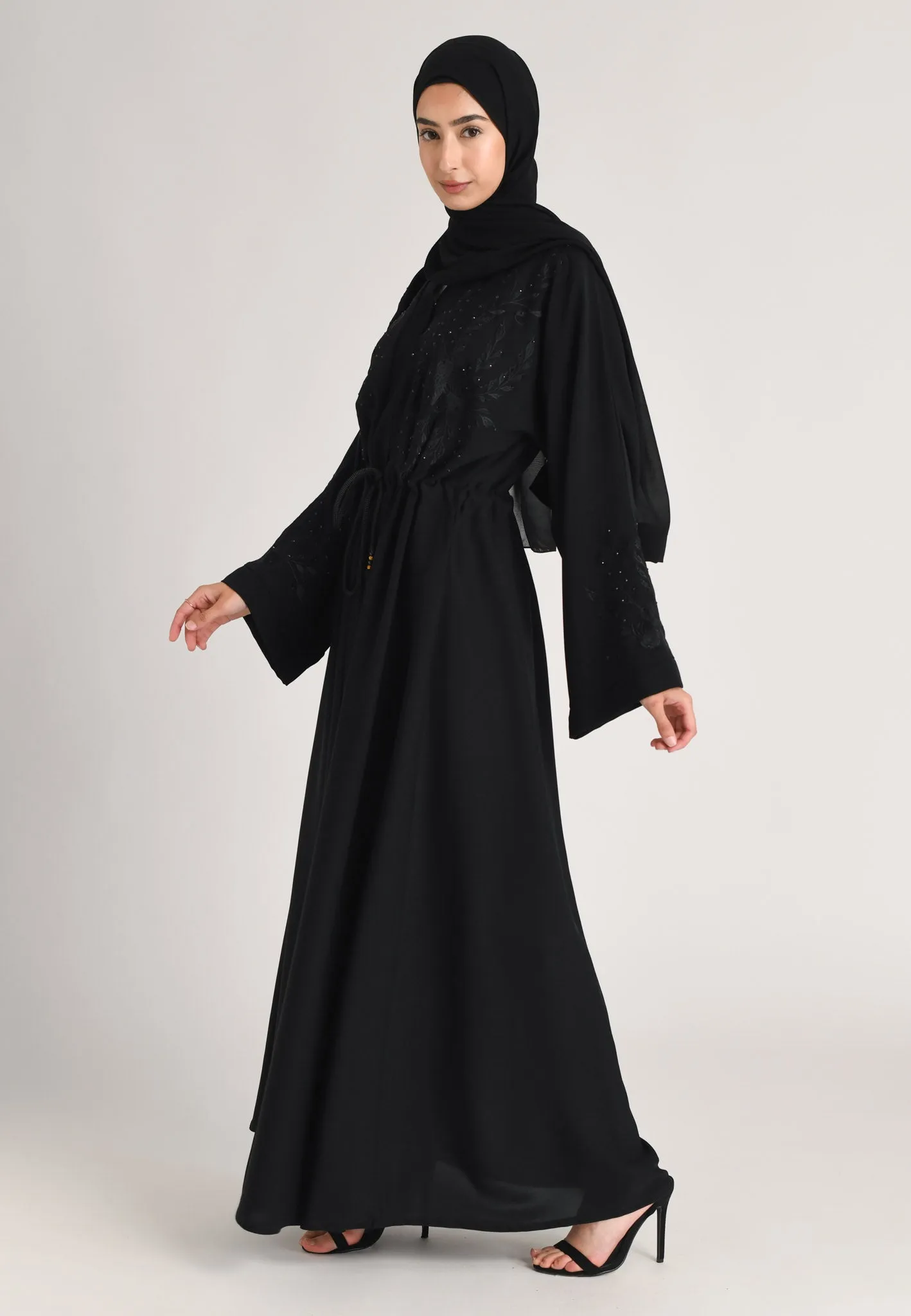 Raven A-Line Black on Black Embroidered Open Abaya